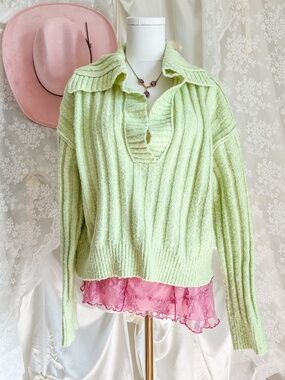 Hippie Rose Green Knit Sweater Collared Ribbed Soft Girl Coquette